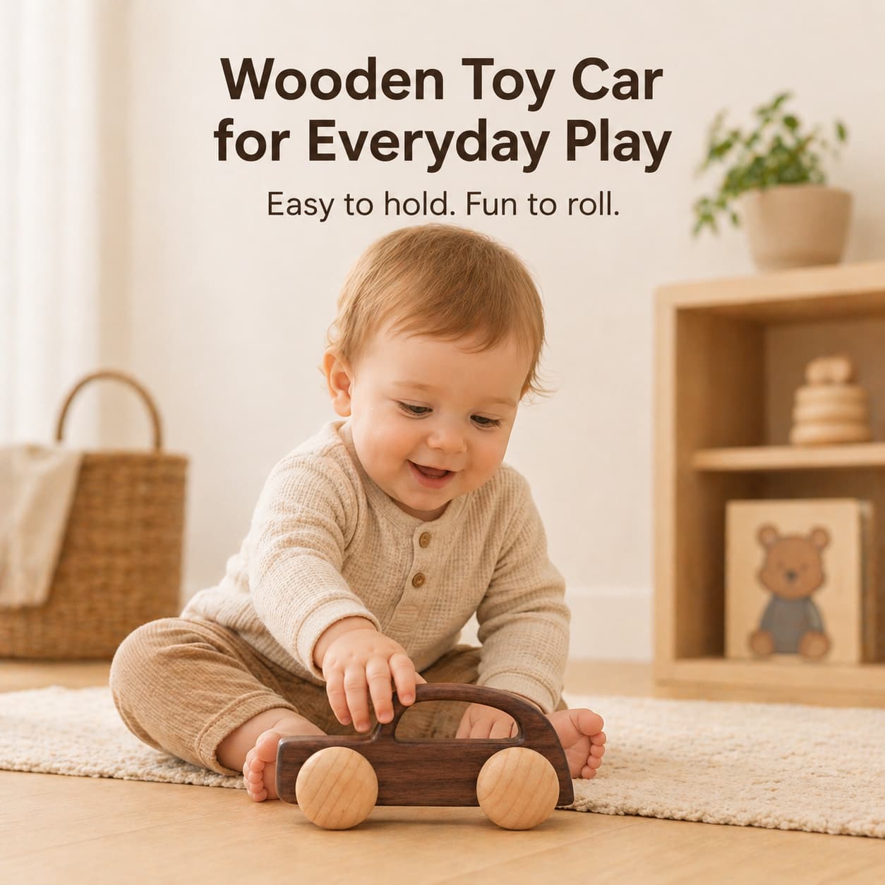 A cute baby playing with a walnut wooden toy car on a rug, showcasing the easy-to-grip design perfect for fine motor skill development and Montessori early learning.