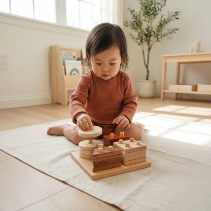 Child playing with wooden toys on a light-colored rug in a bright room.