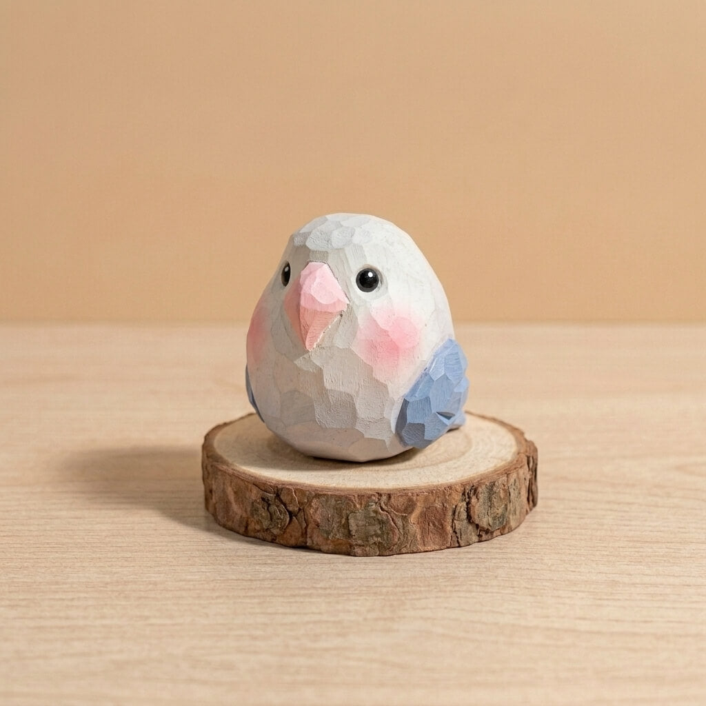 Front view blue and white wooden bird toy with pink cheeks and beak, handcrafted geometric lovebird figurine Montessori wooden animal toy non-toxic paint for children nursery