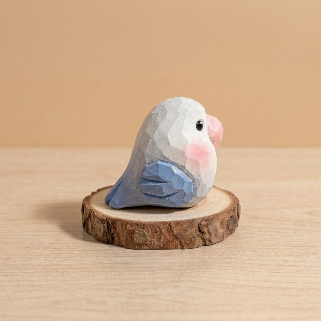 Side profile blue and white wooden bird toy with pink beak, handpainted geometric lovebird figurine Montessori wooden animal toy sustainable children gift natural finish