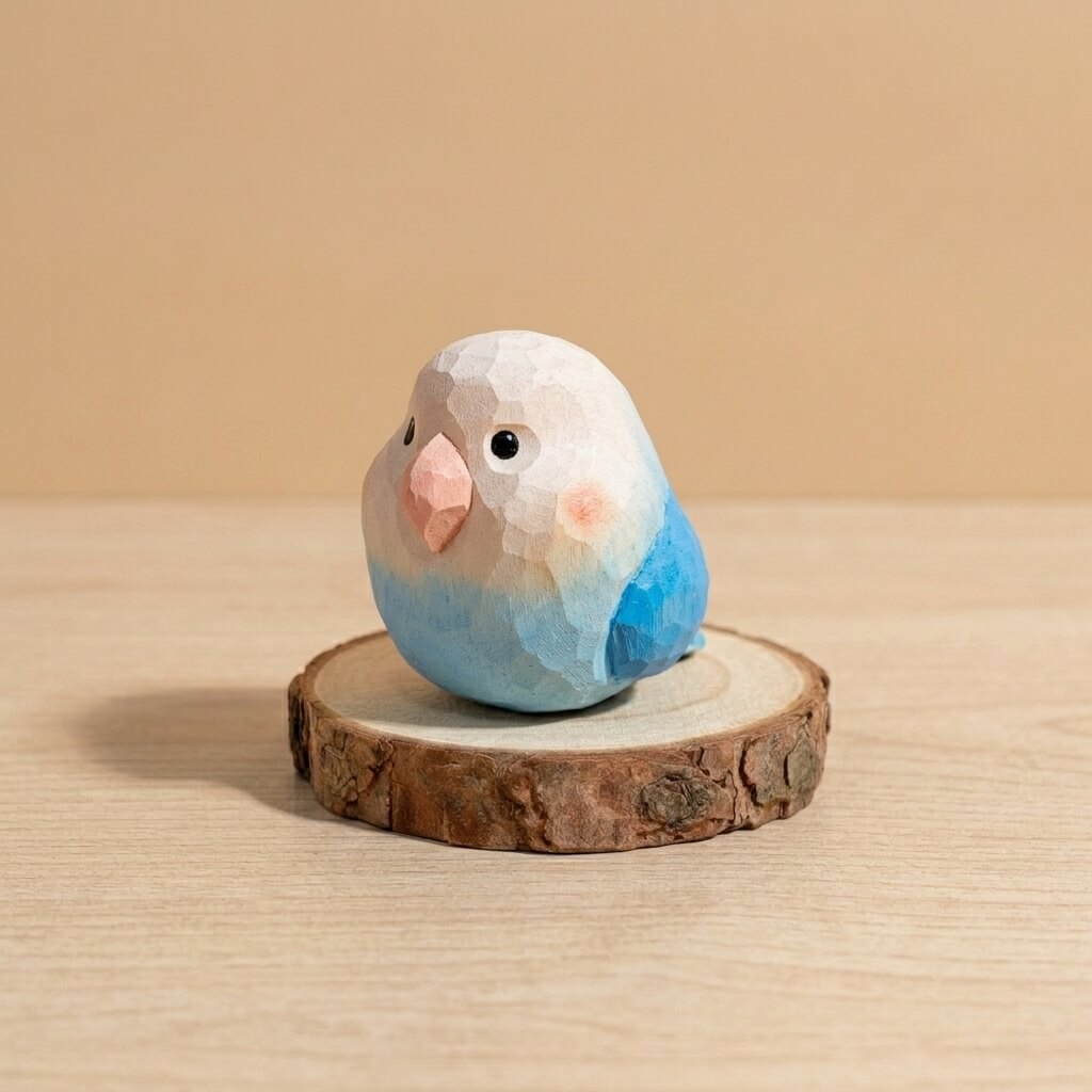 Front view blue and white wooden bird toy with pink beak, handpainted geometric lovebird figurine safe non-toxic Montessori wooden animal toy for children