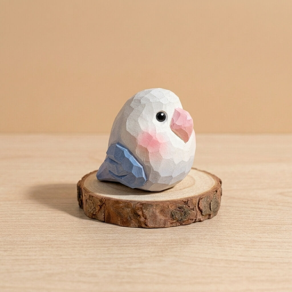 Pastel white wooden lovebird with pink cheeks and blue wings, handcrafted geometric bird toy natural wood finish sustainable toy for imaginative play