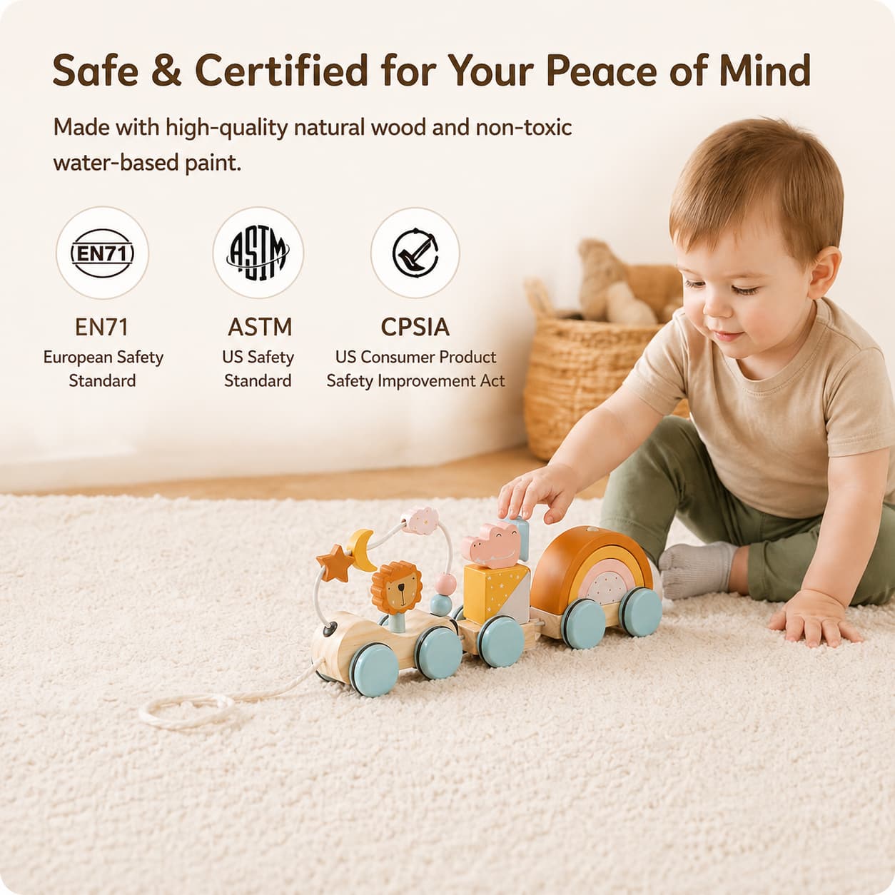 An infographic showing a toddler playing with a wooden pull-along train toy, highlighting safety certifications including EN71 European Safety Standard, ASTM US Safety Standard, and CPSIA US Consumer Product Safety Improvement Act.