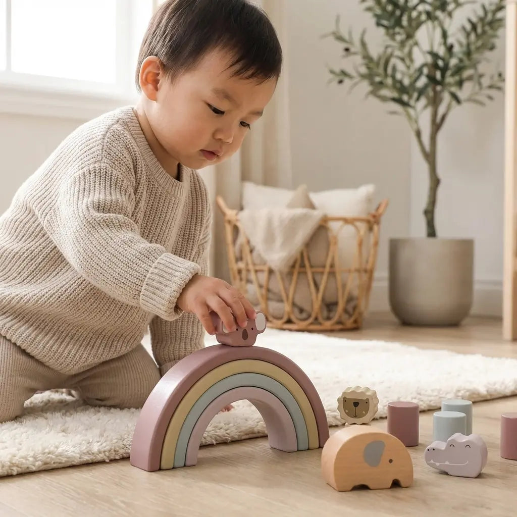 Toddler stacking wooden animal blocks into a tower, developing fine motor skills