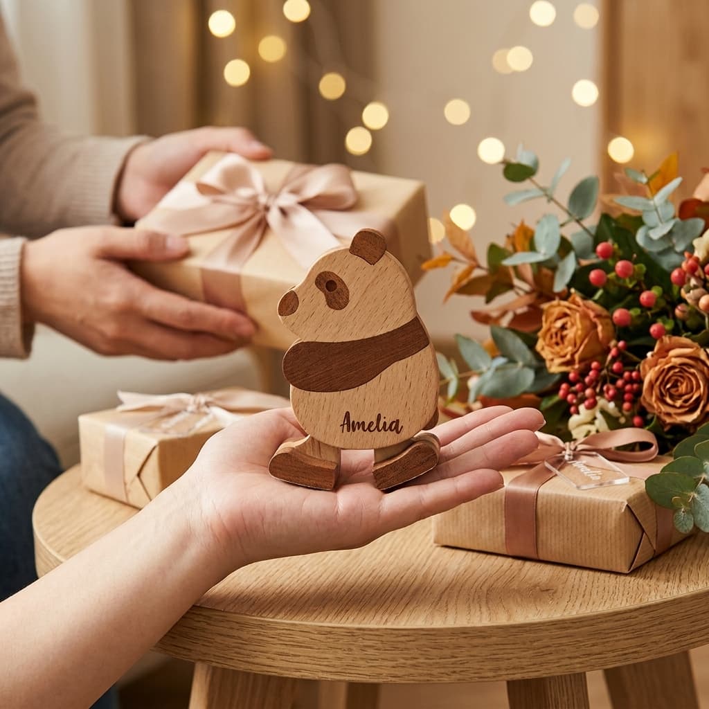 Personalized wooden panda ramp walker toy engraved with the name Amelia, held in hand surrounded by wrapped gift boxes and floral arrangements.
