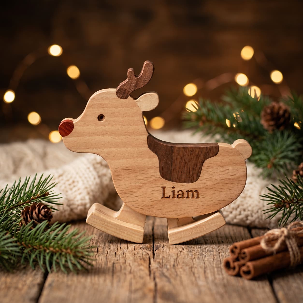 A personalized wooden rocking reindeer toy engraved with the name 'Liam', styled on a rustic wooden surface with pine branches, cinnamon sticks, and warm bokeh fairy lights in the background.