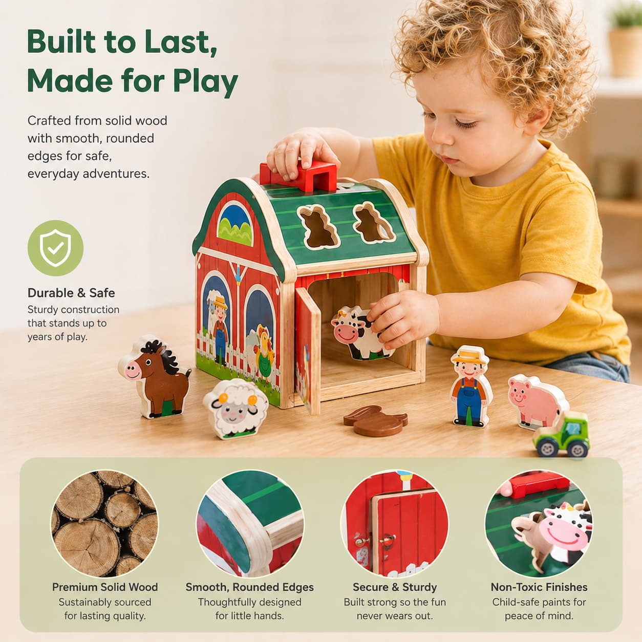 An infographic of a red solid wood farm barn toy for toddlers, highlighting safety and quality features including smooth rounded edges, non-toxic finishes, and sturdy construction for Montessori-inspired educational play.