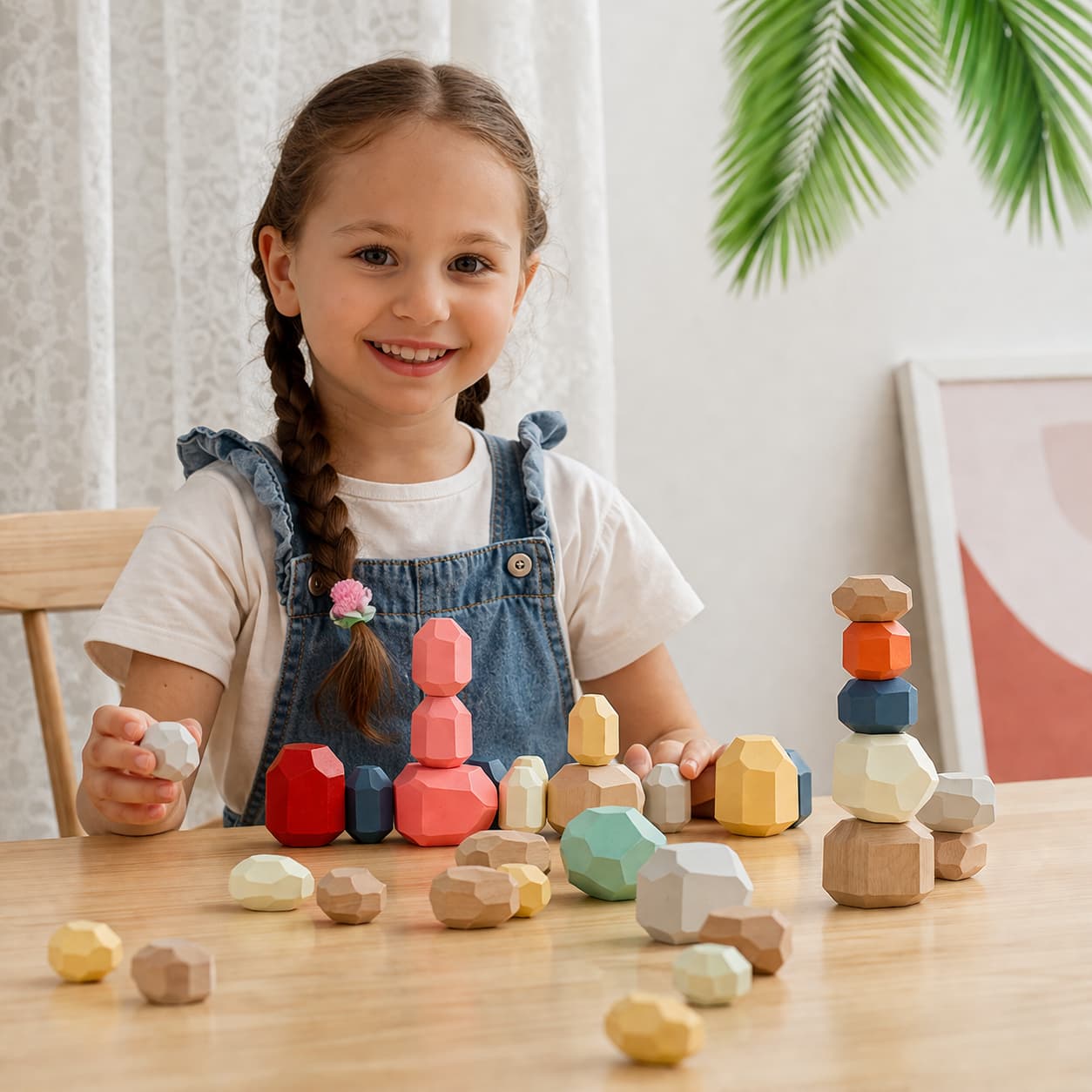 A smiling girl playing with colorful Montessori wooden stacking stones and balancing rocks at a table, a natural educational toy that promotes fine motor skills, hand-eye coordination, and creative thinking.