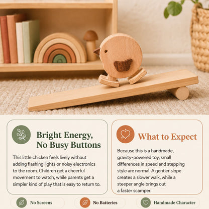 A handmade wooden walking chicken toy on a small ramp with text emphasizing no screens, no batteries, and the natural variations of a gravity-powered mechanical toy.