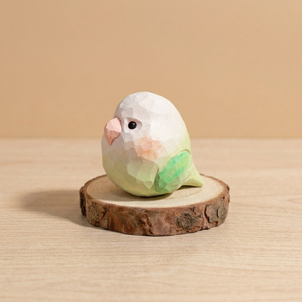 Front view green and white wooden lovebird toy with orange cheek detail, handpainted low-poly bird figurine sustainable natural wood craft toy for toddlers imaginative play