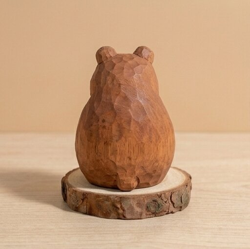 Wooden bear figurine on a wooden base against a beige background