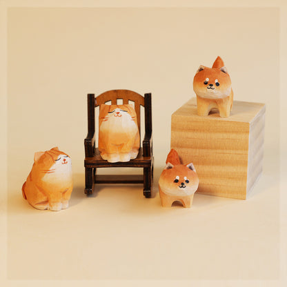 Side profile view handcrafted wooden pet animal figurine showing carved details, sustainable natural wood toy safe for kids 18 months+, eco-friendly pet toy for toddler playroom and storytelling