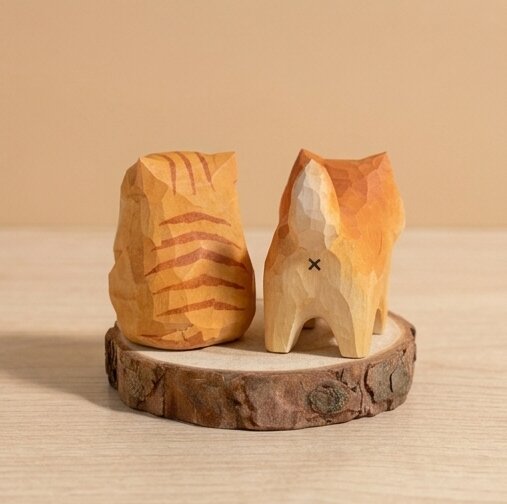 Top detail view wooden pet figurine toy showing hand carved texture, non-toxic stained natural wood eco-friendly figurine, sustainable wooden animal toy gift for children ages 1-5 years