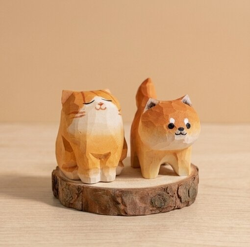 Hand carved wooden pet figurine toy natural wood finish, eco-friendly Montessori dog cat animal figurine for toddlers, non-toxic child-safe Waldorf wooden toy for imaginative play and nursery decor