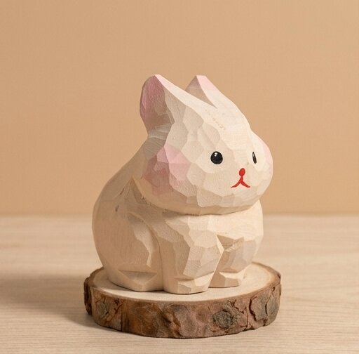 Side profile view handcrafted wooden sheep rabbit figurine showing carved details, sustainable natural wood toy safe for kids 18 months+, eco-friendly farm animal toy for toddler playroom
