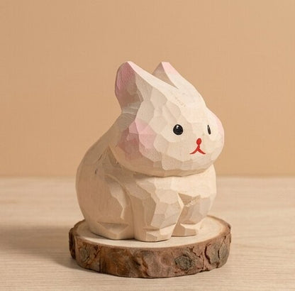 Side profile view handcrafted wooden sheep rabbit figurine showing carved details, sustainable natural wood toy safe for kids 18 months+, eco-friendly farm animal toy for toddler playroom