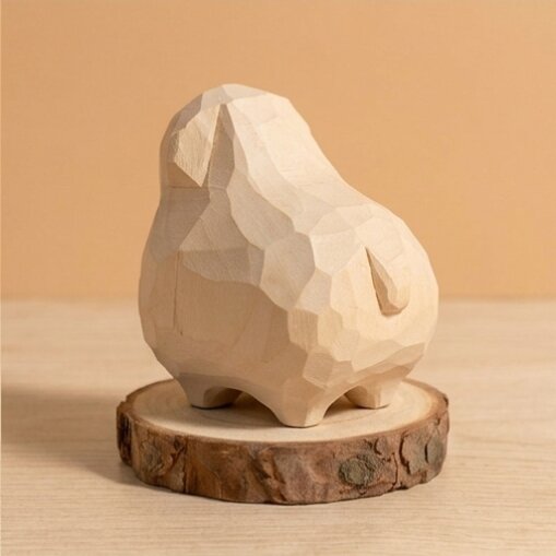 Top detail view wooden rabbit sheep toy showing hand carved texture, non-toxic stained natural wood eco-friendly figurine, sustainable wooden animal toy gift for children ages 1-5