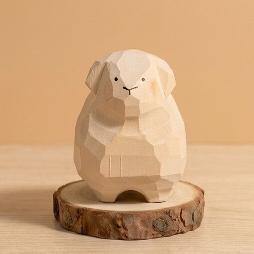 Hand carved wooden rabbit sheep toy natural wood finish, eco-friendly Montessori farm animal figurine for toddlers, non-toxic child-safe Waldorf inspired wooden toy for imaginative play