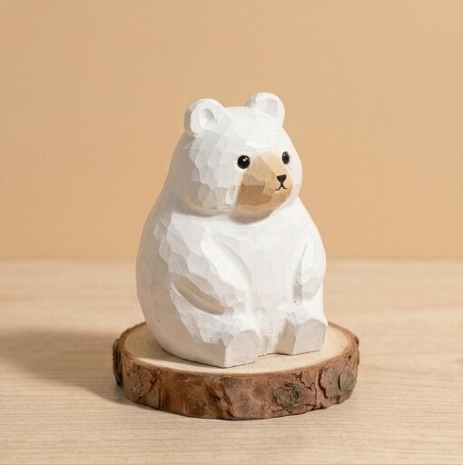 White bear figurine on a wooden base against a beige background
