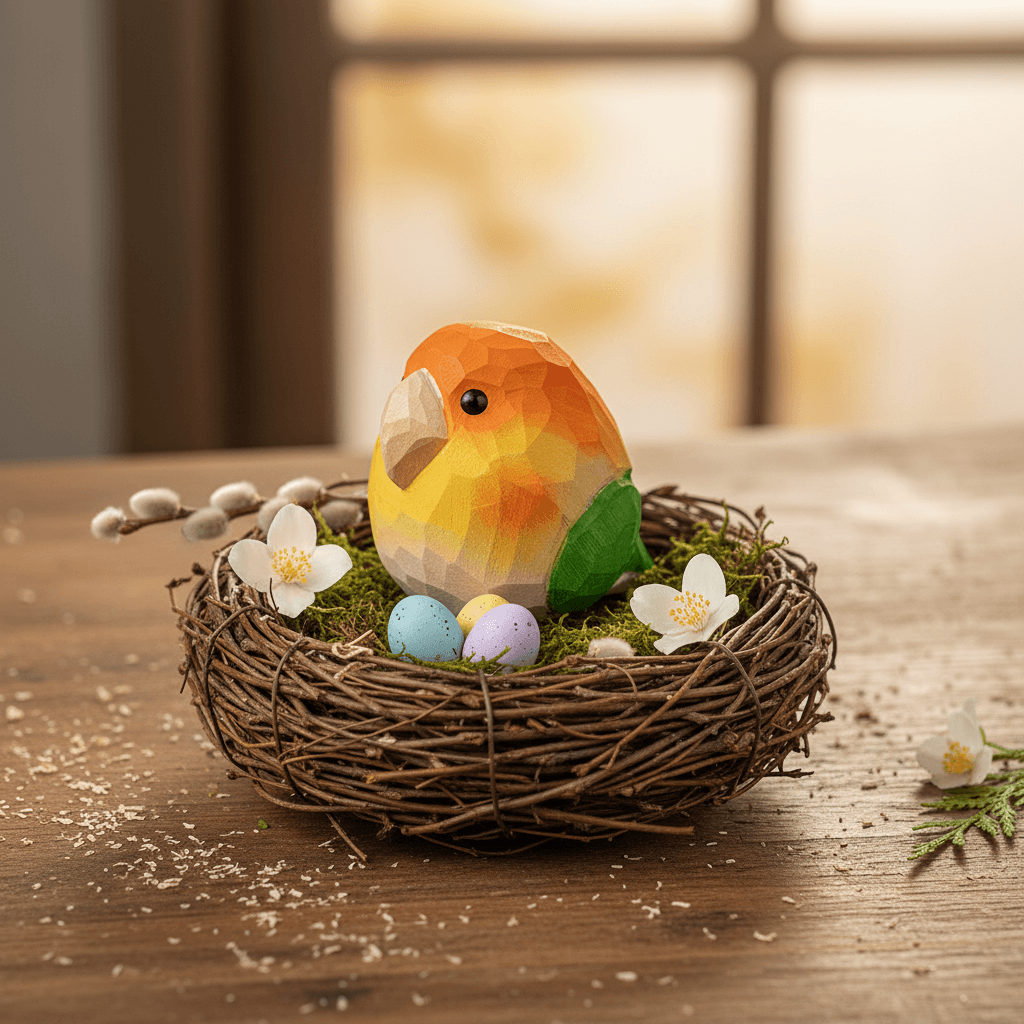 Handcrafted wooden lovebird toy in natural twig nest with pastel eggs, geometric low-poly design eco-friendly wooden bird figurine for children