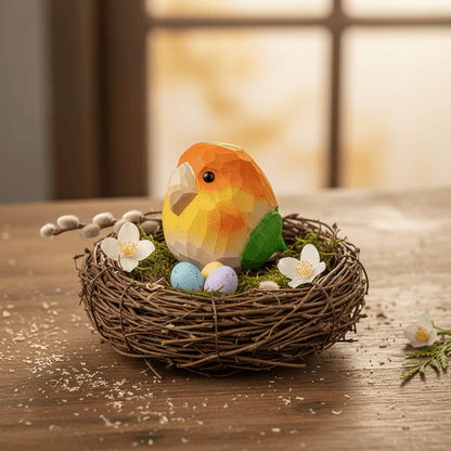 Handcrafted wooden lovebird toy in natural twig nest with pastel eggs, geometric low-poly design eco-friendly wooden bird figurine for children