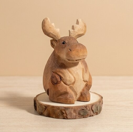 Angled view hand carved wooden moose toy figurine design, geometric faceted natural wood finish, Montessori educational toy for toddlers developmental play and small world forest activities