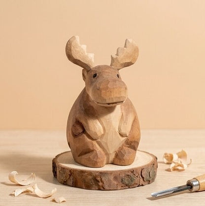 Hand carved wooden moose figurine toy natural wood finish, eco-friendly Montessori forest animal figurine for toddlers, non-toxic child-safe Waldorf wooden toy for imaginative play and nursery decor