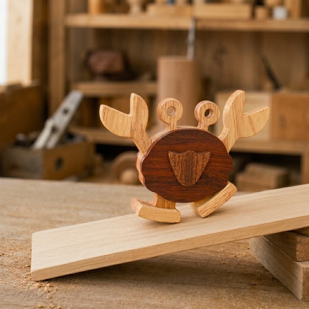 Handmade wooden crab ramp walker toy featuring contrast inlay craftsmanship, designed for gravity-powered walking on an inclined plane.
