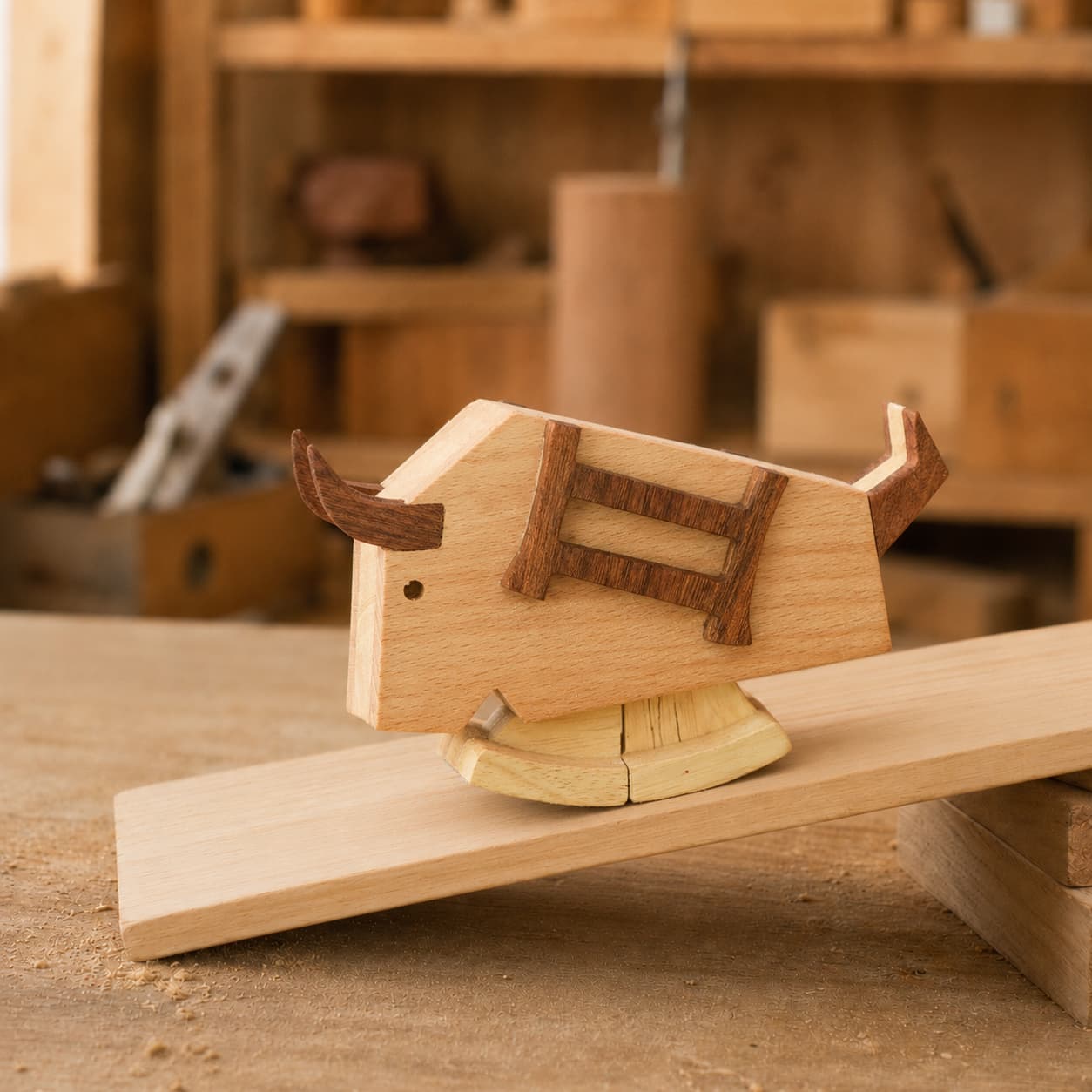 Handmade wooden bull ramp walker toy made from natural beechwood and dark walnut accents, walking down a mechanical gravity-powered ramp in a carpentry workshop.