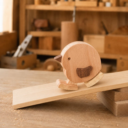 Handmade wooden chick ramp walker toy featuring dark walnut beak and wing accents with a light beechwood body, walking down a mechanical gravity-powered ramp in a carpentry workshop.