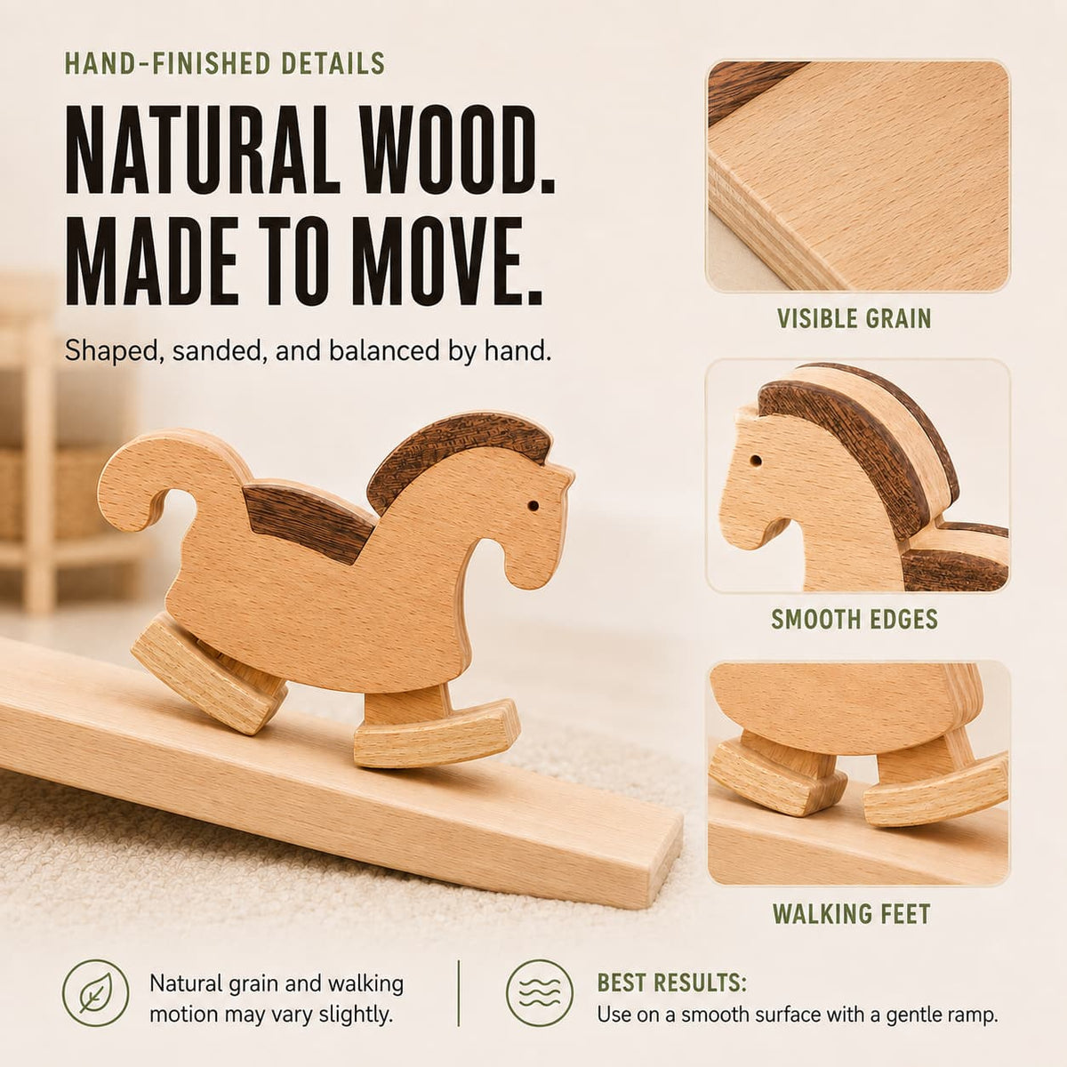 Close-up of a hand-finished wooden horse ramp walker showing natural grain, smooth edges, and articulated walking feet.