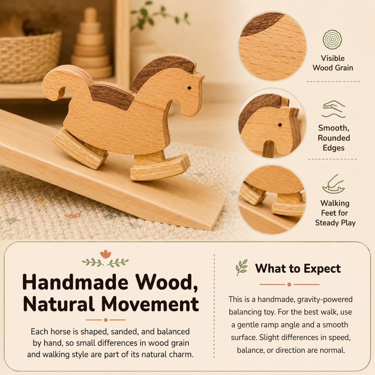 Handmade wooden horse ramp walker toy showing visible wood grain, smooth rounded edges, walking feet, and gravity-powered natural movement.