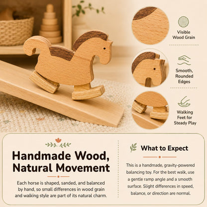 Handmade wooden horse ramp walker toy showing visible wood grain, smooth rounded edges, walking feet, and gravity-powered natural movement.