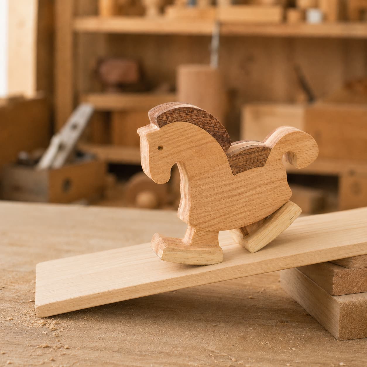 Handmade wooden horse ramp walker toy with walnut mane and saddle details, walking down a mechanical gravity-powered ramp in a carpentry workshop.