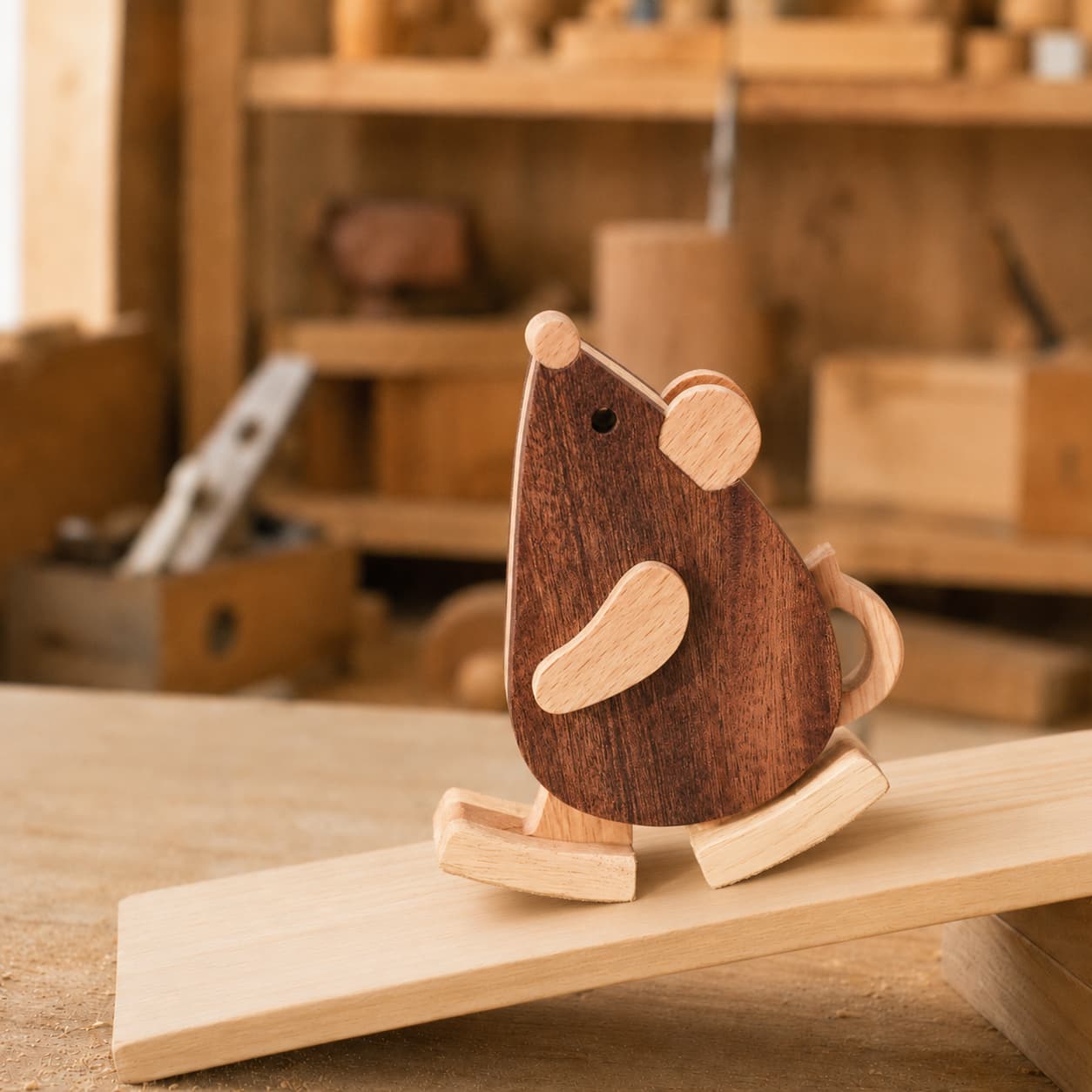 Handmade wooden mouse ramp walker toy made from dark walnut wood with light beechwood ears and arm, walking down a mechanical gravity-powered ramp in a woodworker studio.