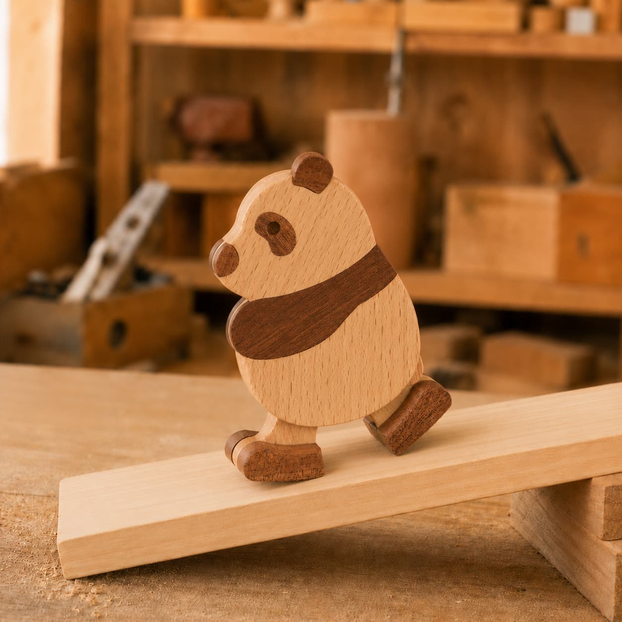 Handmade wooden panda ramp walker toy featuring dark walnut eye patches, ears, and limbs, walking down a mechanical gravity-powered ramp in a carpentry workshop.