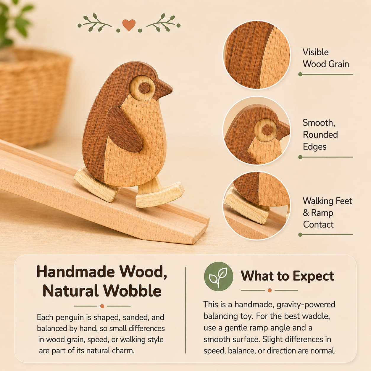 Handmade wooden penguin ramp walker toy showing visible wood grain, smooth rounded edges, walking feet, and gravity-powered natural wobble.