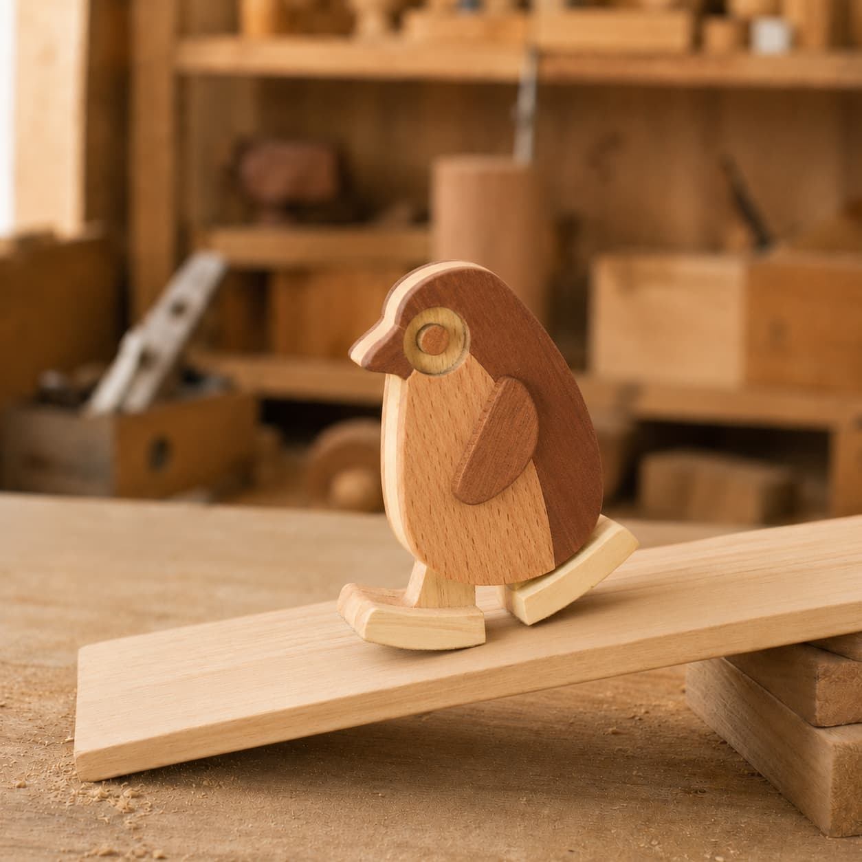 Handmade wooden penguin ramp walker toy featuring dark walnut back and wing accents with a light beechwood belly, walking down a mechanical gravity-powered ramp in a carpentry workshop.