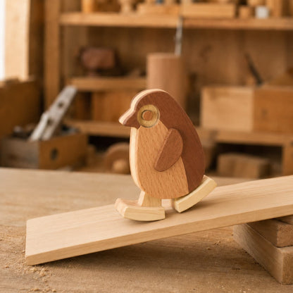 Handmade wooden penguin ramp walker toy featuring dark walnut back and wing accents with a light beechwood belly, walking down a mechanical gravity-powered ramp in a carpentry workshop.