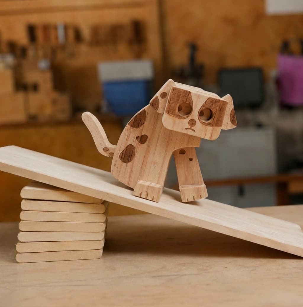 Handmade wooden puppy ramp walker toy with dark walnut spotted patches and large hollow eyes, walking down a mechanical gravity-powered ramp in a carpentry workshop.