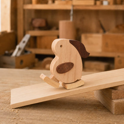 Handmade wooden rabbit ramp walker toy with walnut lop ears and arm accents, walking down a mechanical gravity-powered ramp in a carpentry workshop.