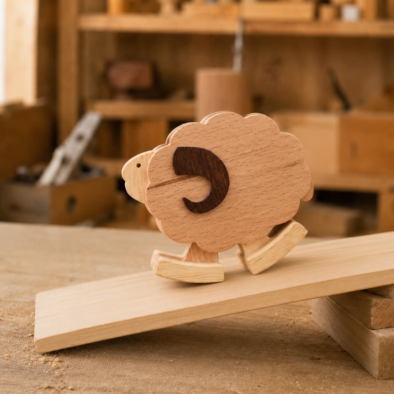Handmade wooden sheep ramp walker toy featuring a dark walnut curved horn accent and a textured beechwood fleece body, walking down a mechanical gravity-powered ramp in a carpentry workshop.
