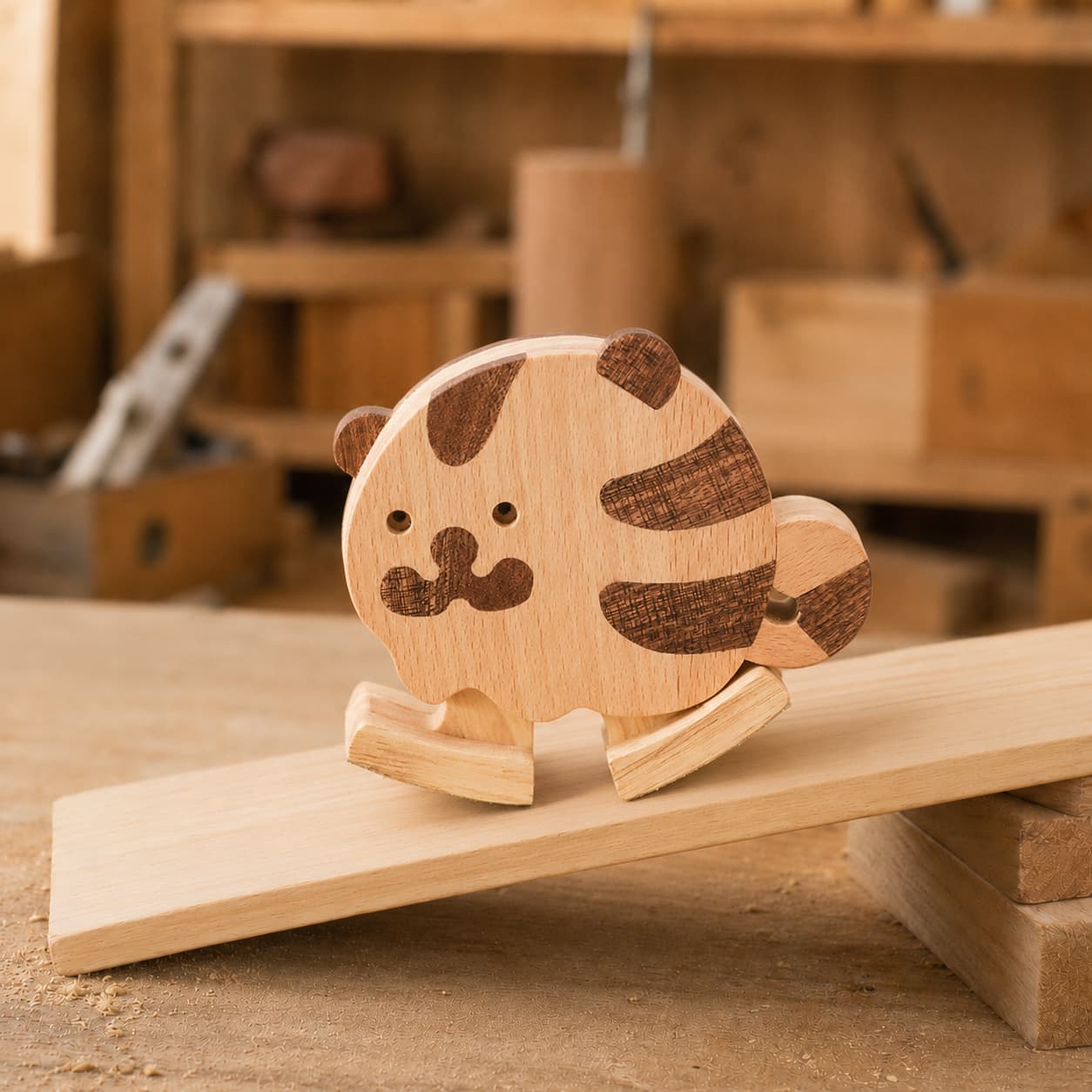 Handmade wooden tiger ramp walker toy crafted from eco-friendly beechwood, walking down a mechanical gravity-powered ramp in a carpentry workshop setting.