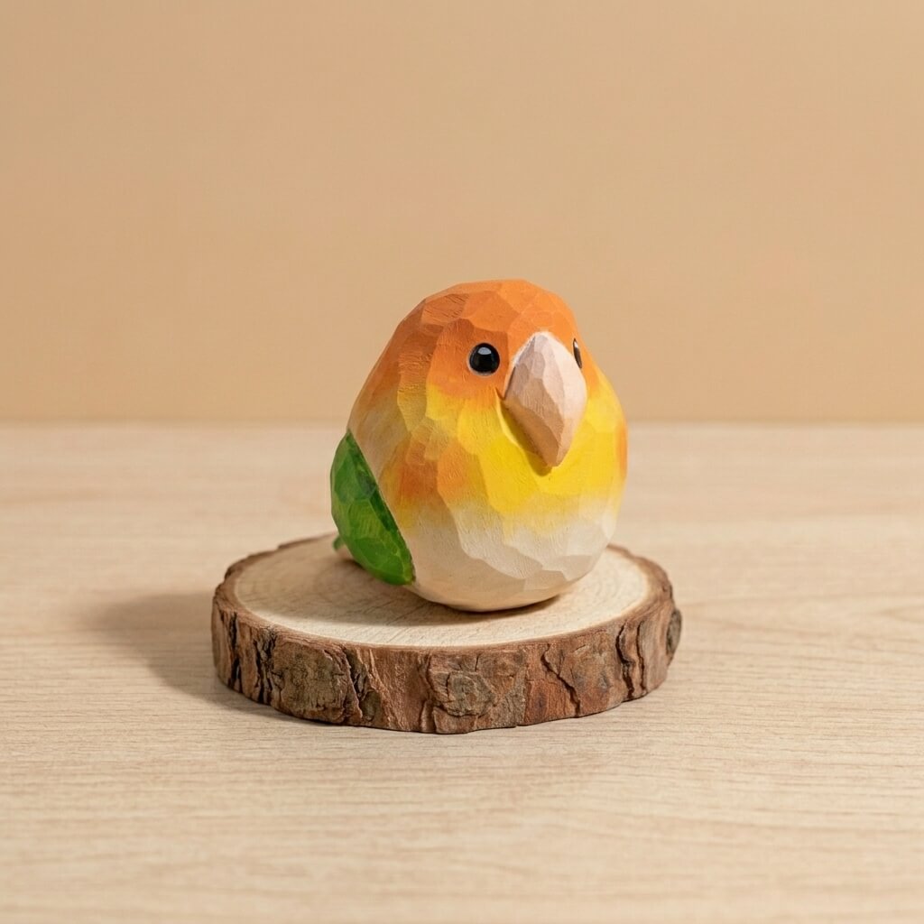 Front view handpainted wooden lovebird toy with faceted low-poly design, eco-friendly natural wood bird figurine with bead eyes for toddlers