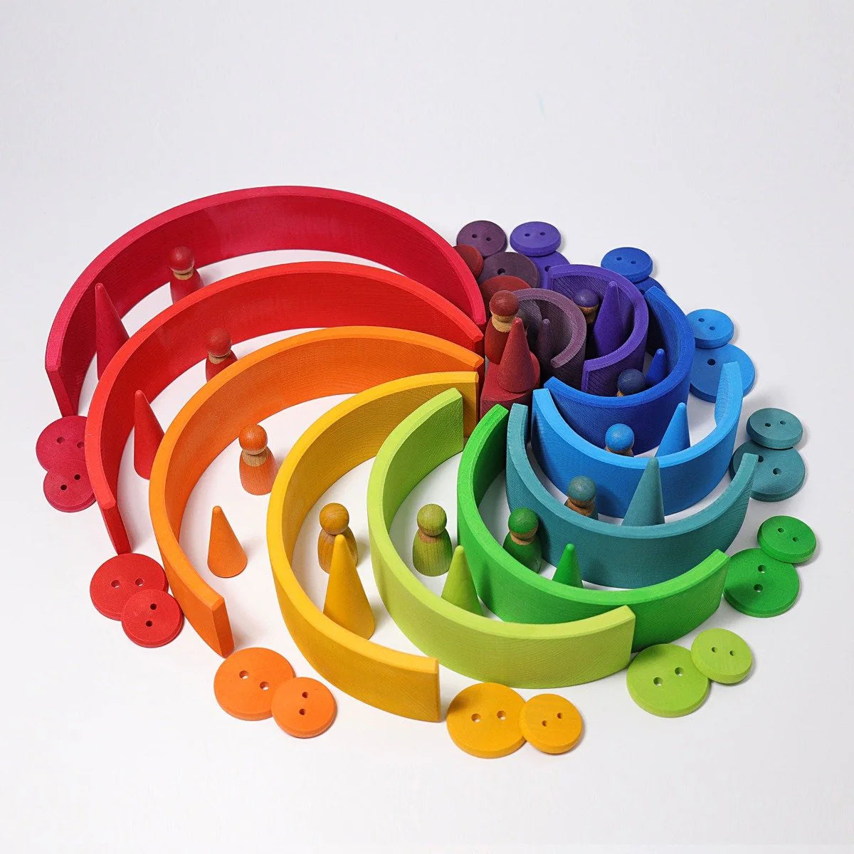 Colorful wooden toy set with rainbow-colored tracks and figures on a white background