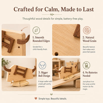 Close-up details of a large wooden bull ramp walker toy showcasing the smooth rounded edges, natural wood grain texture, and bold bigger bull design.