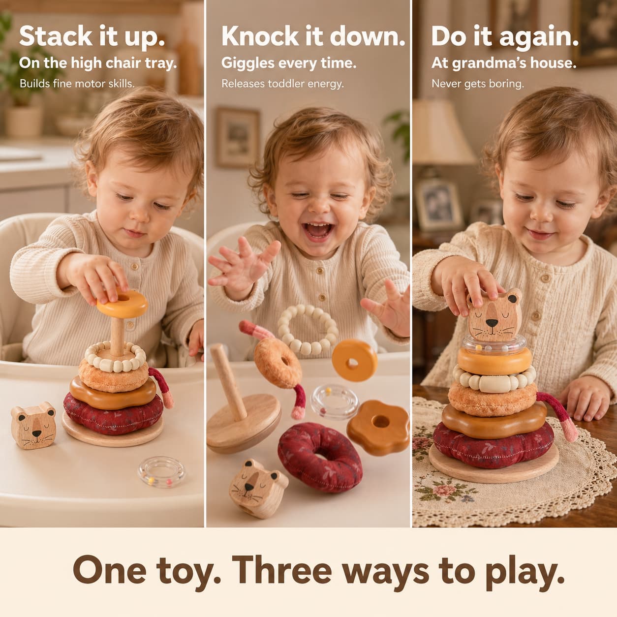 Lion Wooden Stacker three play modes: stack on high chair, knock down with giggles, repeat at grandma's house