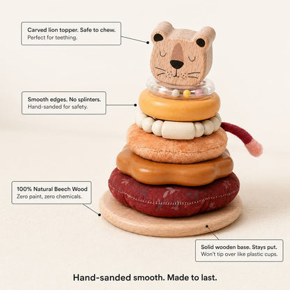 Close-up of Lion Wooden Stacker showing natural beech wood grain, smooth edges, carved lion topper, solid wood base