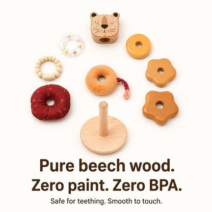 Lion Wooden Stacker disassembled showing pure beech wood, zero paint, zero BPA, safe for teething babies