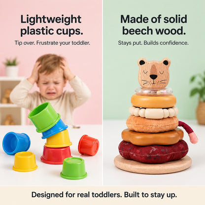 Comparison: Lightweight plastic cups tip over vs solid beech wood Lion Stacker stays put